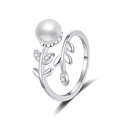 S925 sterling zilveren bloemenring met natuurlijke parel en kristallen bladeren - Verstelbaar Open / 7.5-8mm Zoetwaterparel