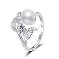 Adjustable S925 silver ring featuring a large pearl and sparkling petal zircon design - Adjustable Open / 10pt Moissanite + Freshwater Pearl