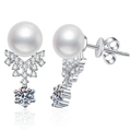 Elegant S925 sterling silver freshwater pearl and moissanite crown stud earrings - 925 Silver / Zirconia + Freshwater Pearl