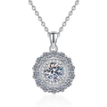 Sparkling S925 silver halo necklace with 1 carat round moissanite on a white background - 925 Silver / White Moissanite 1ct D Color
