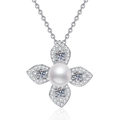 Elegante s925 Silber Kleeblatt Kette mit D Farbe Moissanit und echter Süßwasserperle - 925er Silber / Moissanit mit Süßwasserperle und Zertifikat