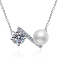 S925 sterling silver necklace with moissanite, pearl, and pavé bar geometric pendant - 925 Silver / Zirconia + Freshwater Pearl