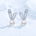 Élégantes boucles d'oreilles lapin en argent S925 avec perles et moissanite - Argent 925 / Moissanite 3 Points Avec Perle d'Eau Douce