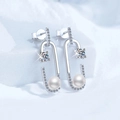 S925 sterling silver safety pin earrings with moissanite and fresh water pearls - 925 Silver / White Rhinestone And Freshwater Pearl