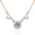 Elegant S925 silver necklace featuring moissanite, dual pearls, and rose gold plating - High Carbon Stone and Freshwater Pearl / Champagne Gold