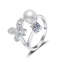 Anillo de mariposa de plata esterlina S925 con perla de agua dulce y moissanita - Abierto Ajustable / Circonita + Perla de agua dulce