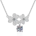 Moissanite S925 sterling silver cherry clover necklace with double sparkling flower pendants - White Rhinestone Inlaid / Silver Style (XL410)