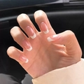 Short bean paste gradient press-on nails with white French tip design and glossy finish - R851 Classic French Style / Nail Glue Version
