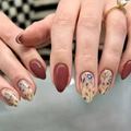 Short almond press-on nails in dusty rose and delicate floral pattern set - R857 In Full Bloom / Nail Glue Version
