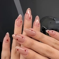 Almond shaped press-on nails in nude pink with red heart patterns and high-gloss finish - R855 Gentle Sweetheart / Nail Glue Version