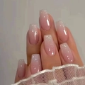 Short coffin press-on nails with pink gradient and silver glitter tips - R853 Ice Translucent Gradient / Nail Glue Version