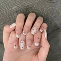 Short cream press-on nails with red heart and bow designs for a sweet girl style - R852 Heart-shaped French Style / Nail Glue Version