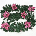 2.7m Christmas garland with lush green needles, pink poinsettias and rose gold ornaments - Standard Decorated Style / Pink