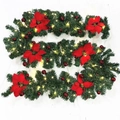 2.7m Deluxe Christmas garland with red poinsettias, ornaments and warm LED lights - Standard Pre-lit Style / Red
