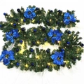 2.7m Christmas garland with blue flowers, ornaments, and LED lights on green pine - Standard Pre-lit Style / Blue