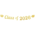Dettaglio dello striscione dorato Class of 2026 con silhouette di tocchi per laurea - Tocco Oro E Striscione Classe 2026 Oro