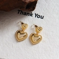 Elegant gold double heart drop earrings with beaded texture and polished finish for women - Heart Style