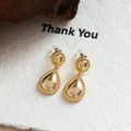 Polished 18K gold drop earrings with textured bead edges and secure silicone backings - Waterdrop Style