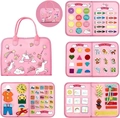 Detail of pink unicorn busy board showing felt clock, numbers and educational modules - Unicorn Style 3