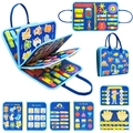 Detail view of the felt busy board showing clock, gears, and interactive learning elements - Blue Multifunctional Book Style 8