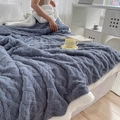 Double-sided navy blue plush blanket with thick white sherpa lining and textured pattern - Fog Blue