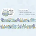 Nastro washi con fiori blu, dettagli in lamina d'oro e forme fustellate da 30mm - Sogno di Orchidee