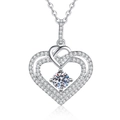 Elegante collar de doble corazón de plata de ley S925 con colgante de moissanita - Piedra de Alto Carbono 5mm (XL542) / Plata 925