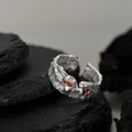 Adjustable S925 silver ring with lava texture and three orange cubic zirconia stones - Open Size 14 (Adjustable 12-17) / White Gold