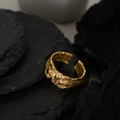 S925 sterling silver open ring with gold lava texture and three red gems - Open Size 14 (Adjustable 12-17) / 18K Gold