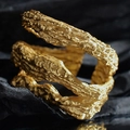 Artistic open cuff in bright gold finish with unique natural bark textured surface - Adjustable Size 14 / 18K Gold