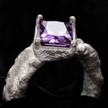 S925 sterling silver ring with square purple gemstone and rugged organic texture - Adjustable Size 14 / Purple Stone Silver Color