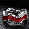 S925 sterling silver wave ring with red enamel inlay and marquise cut zircon - Small / White Gold