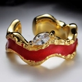Irregular gold open ring with red enamel coating and marquise-cut zircon stone - Small / 18K Gold
