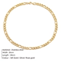 Detailed view of 8mm Figaro chain necklace in 14K gold finish stainless steel material - Wide Long Chain / Gold