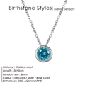 Stainless steel birthstone necklace featuring a blue aquamarine pendant in silver finish - December Aqua