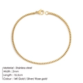 Detail view of 2mm stainless steel box chain bracelet showing 14K gold finish and size - 16.5cm / Gold