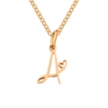 Detail of rose gold cursive letter A necklace featuring a hollow heart pendant and cross chain - Gold