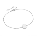 Close-up of a silver-toned minimalist chain bracelet with a round engravable flat charm - Steel