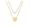 Détail d'un collier double épaisseur en acier doré avec perle blanche et pendentif rond - Doré