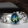 S925 sterling silver adjustable ring with hammered texture and pear-cut teal gemstone - Adjustable (Size 12-17) / White Gold