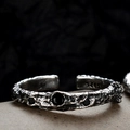 S925 sterling silver adjustable open ring with vintage texture and black zircon stones - Open Size 14 (Adjustable 12-17) / Vintage Silver With Black Zirconia