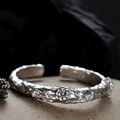 S925 sterling silver open ring with irregular hammered texture and zircon inlays - Open Size 14 (Adjustable 12-17) / White Stone White Gold