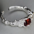 S925 sterling silver open ring with irregular hammered texture and red rectangular gemstone - Open Size 14 (Adjustable 12-17) / Silver