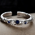 S925 sterling silver open ring with lava texture and three blue zircons - Open Size 14 (Adjustable 12-17) / Blue Stone White Gold