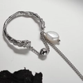 S925 Sterling Silber Ring mit Baumrindenstruktur, Kettenquaste und Barockperle - Verstellbare Größe 13 (Einstellbar 11-15) / Quaste Perle Offener Ring (J1238) / Weißgold