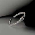 Minimalist S925 sterling silver open ring with liquid metal texture and black zircon - Adjustable Open / Silver (Black Rhinestone)