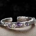 S925 sterling silver open ring with textured hammered finish and purple zircon stones - Open Size 14 (Adjustable 12-17) / White Gold With Purple Zirconia