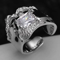 Anillo abierto de plata S925 con textura de lava y circón de corte radiante - Talla Abierta 14 (Ajustable 12-17) / Oro Blanco