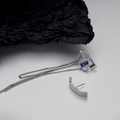 Silver fringe earrings with purple crystal and asymmetric chain tassel design - 925 Silver / Platinum (With Silver Ear Plugs)