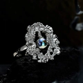 Irregular textured S925 silver ring with iridescent moonstone on black rock - Open Size 14 (Adjustable 12-17) / White Gold